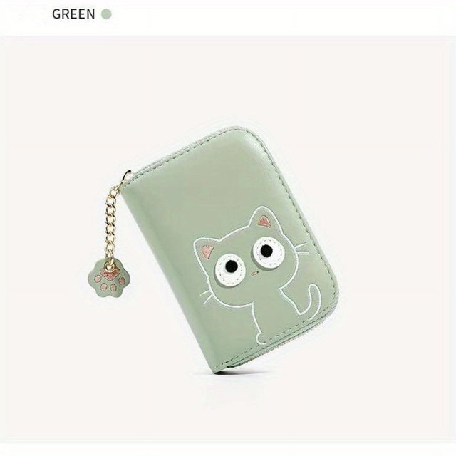 Tarjetero Kawaii con ranura para múltiples tarjetas, monedero bordado con gato lindo, minibilletera corta con cremallera y colgante (4,3*1,2*3) pulgadas