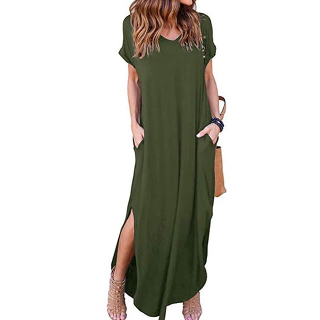 Qarigey Vestido de mujer con cuello en V Abertura Vestido largo Chica Ropa de manga corta Vestidos Verde L