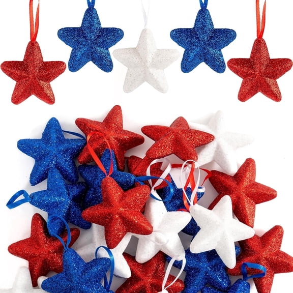 OuMuaMua 24Pcs Patriotic Star Tree Ornaments for 4th of July, Red White Blue Glitter Hanging Stars for Independence Day, Memorial Day, Veterans Day Home Decoration