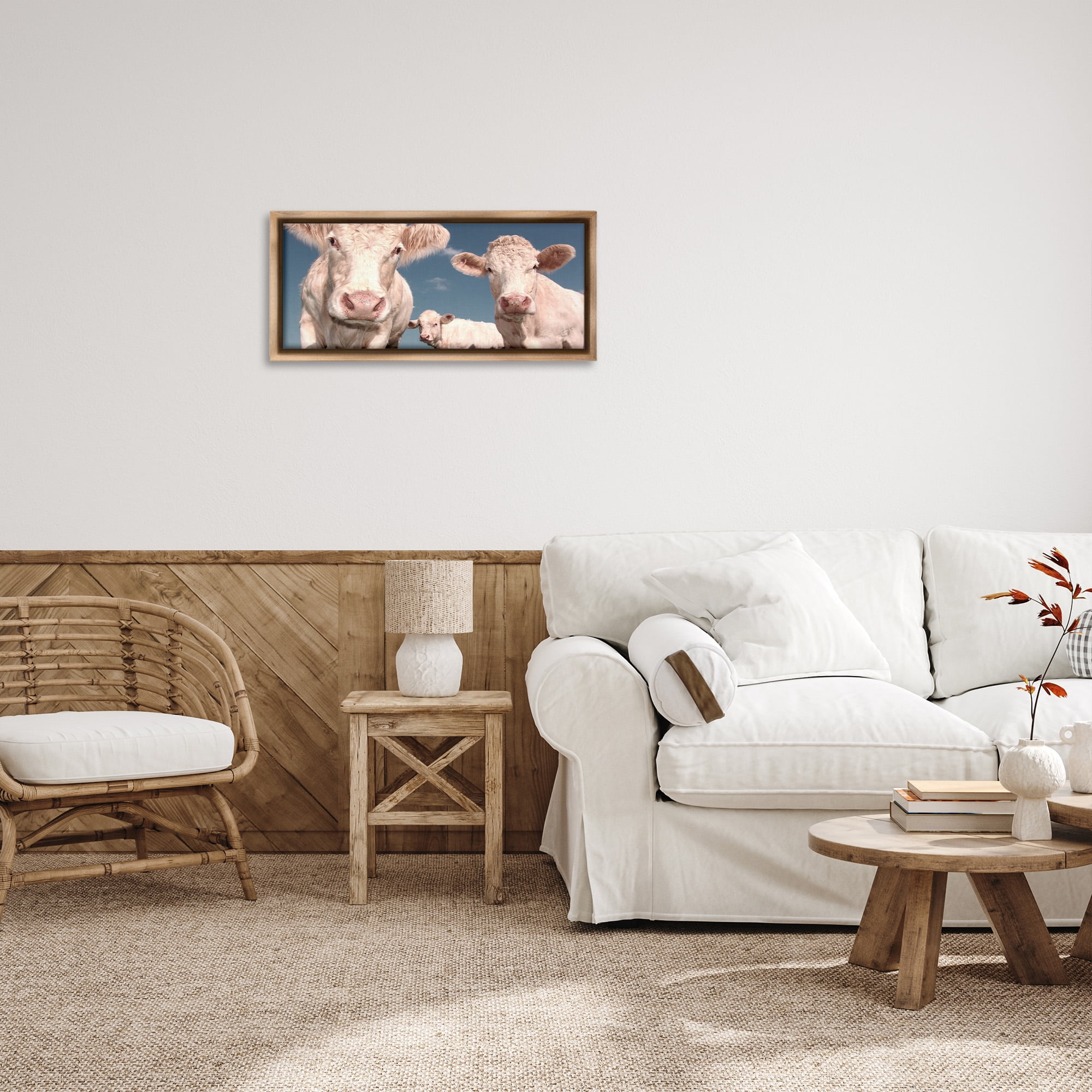 Stupell Industries Three White Cows Animals & Insects Photography Brown Floater Framed Canvas Art Print Wall Art, 25 x 11