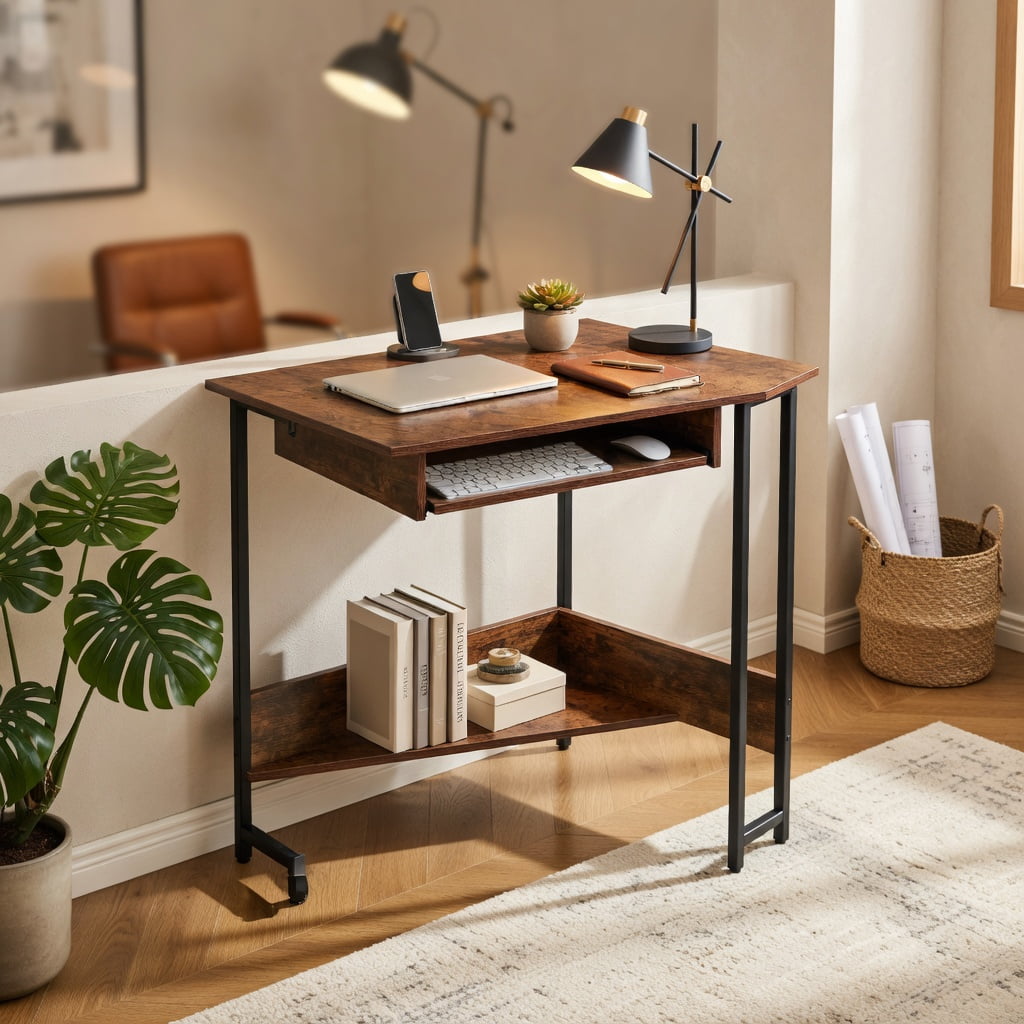 Spaco Triangle Corner Desk with Charging Station Keyboard Tray and Storage Shelf-Rustic Brown, Office Desk, Gaming Computer Desks for Study,Working,Writing
