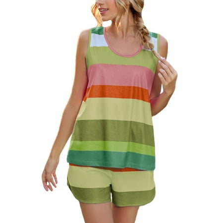 

Lumento Plus Size Women Shorts Pajama Set Sleevless Rainbow Striped Sleepwear Nightwear Top and Shorts Summer Pajamas Set S-5XL