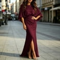 thumbnail image 5 of Womens Satin Formal Maxi Dress Batwing Sleeve Ruched Waist Side Slit Evening Gown with Pockets, Elegant Wedding Guest Dress for Party Banquet Prom Wine M, 5 of 6