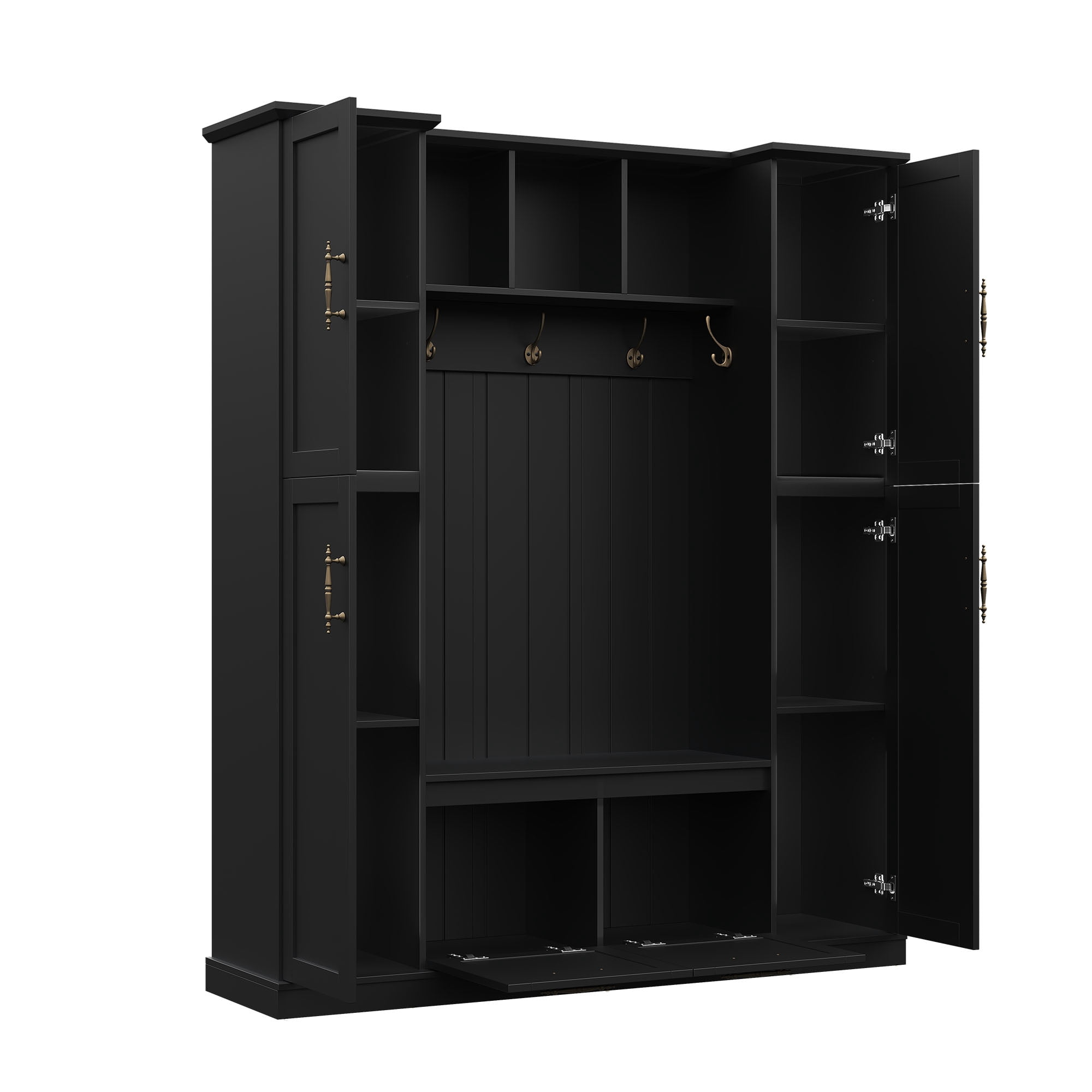 Aukfa 3-in-1 Large Hall Tree with Storage Bench, Mudroom Entryway Bench with 4 Side Cabinets & 5 Hooks,Black
