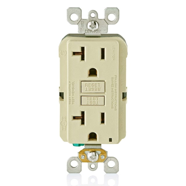 Salida GFCI Leviton de 20 amperios, autocomprobación, no es resistente a manipulaciones, color marfil