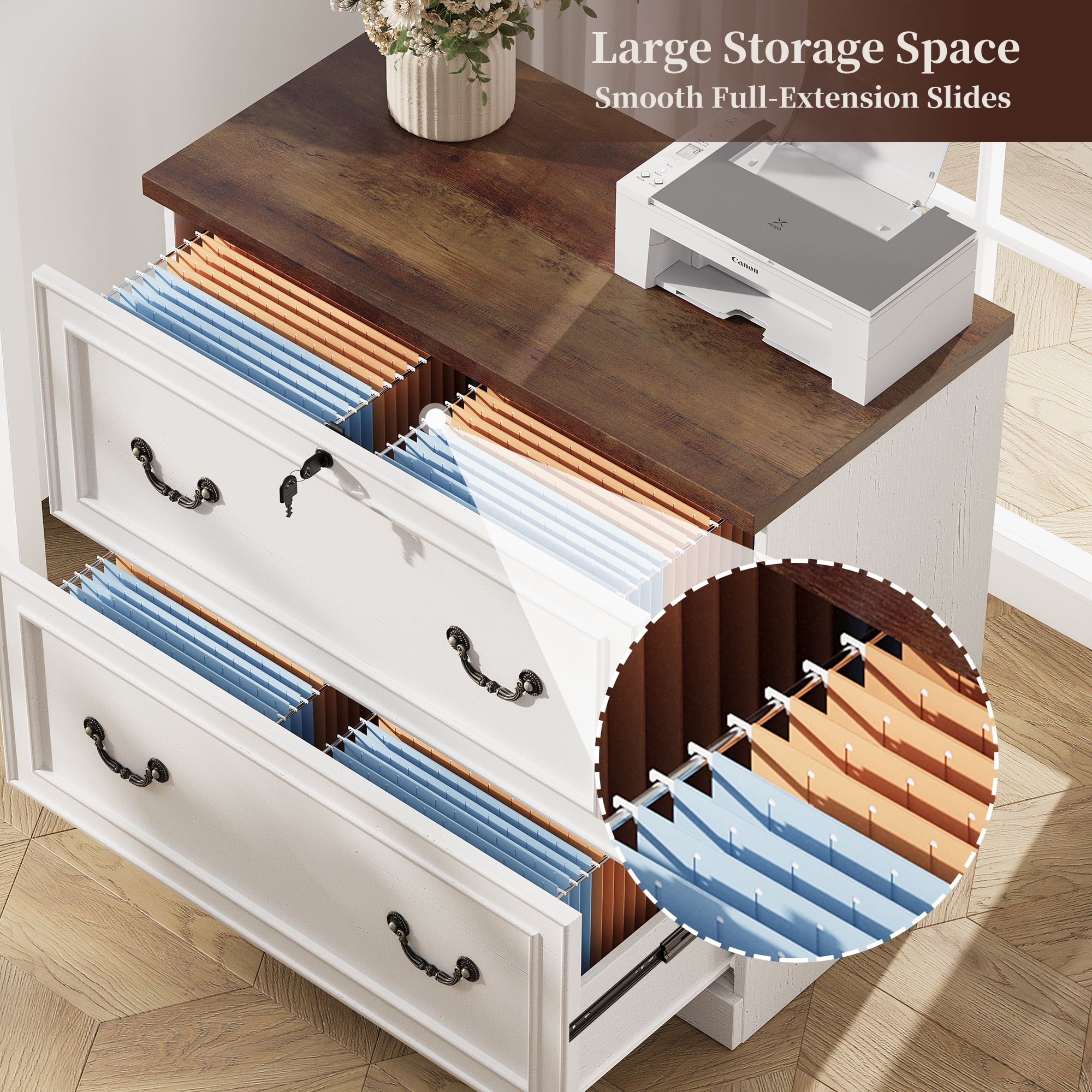 HMstone Farmhouse File Cabinet with Lock, 2 Drawer Lateral File Cabinet for Printer Stand, Large Wood Filing Storage Cabinet for Home Office, Fits A4/Letter Size Files, White
