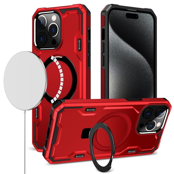 For iPhone 15 Pro Max Case Magnetic Circle Stand Shockproof 2 Screen Protectors