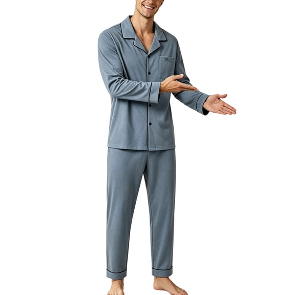 Mens Pajama Set Cotton Blend Soft Breathable Sleepwear Long Sleeve Button Down Lounge Set with Pockets Blue-B