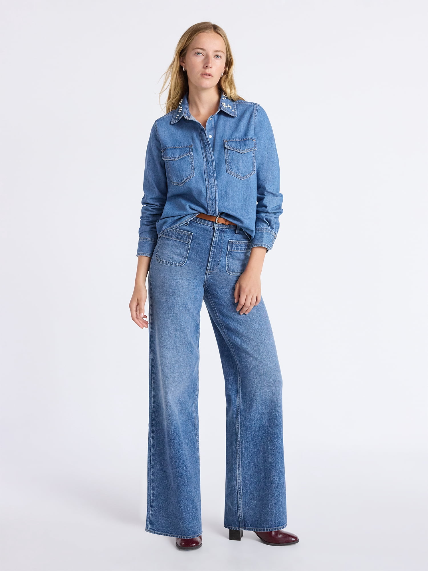 Free Assembly Women's and Women's Plus Wide Leg Jeans with Patch Pockets, 30", 32", and 34" Inseams, Sizes 0-26 Plus