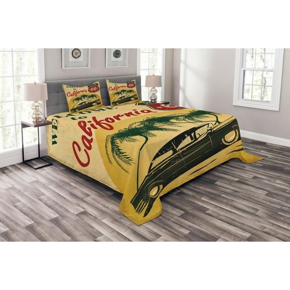 Ambesonne Retro Quilted Bedspread Set 3 Pcs, California Advertising, King Size, Red Emerald