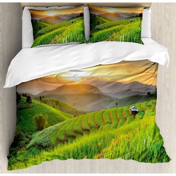 Country Duvet Cover Set King Size, Landscape of Rice Farm Terrace during Sunset in Thailand Image Photograph Print, Decorative 3 Piece Bedding Set with 2 Pillow Shams, Multicolor, by Ambesonne