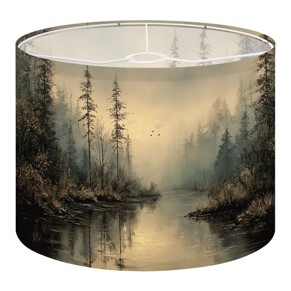 Linen Drum Lampshades Misty Forest Landscape River Birds Sunrise Vintage Farmhouse 13"x13"x10" Light Shade for Table Lamps Floor Lamp Shades Lampshade Replacement Assembly Required