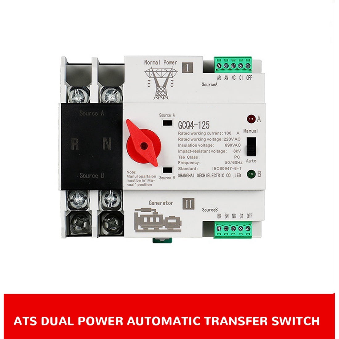 Photovoltaic Solar Power ATS Automatic Transfer Switch Din Rail 2P 63A AC220V ATS PV System Power to City Power