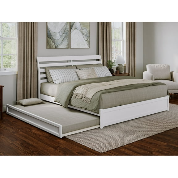 Emelie King Wood Platform Bed with Panel Footboard and Twin XL Trundle in White