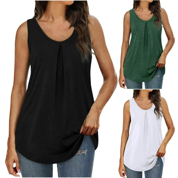 Olyvenn Summer Solid Pullover Casual Girls Blouses Crewneck Women's Tank Tops Cozy Clothes Swing Pleated Tee Relaxed-Fit Shirts for Women Sleeveless Tees for Women Green 10