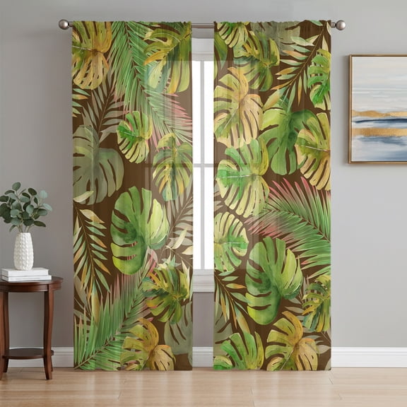 Green Leaves Sheer Curtains 72 Inch Length 2 Panels Set, Tropical Summer Botanical Watercolor Voile Window Treatment Rod Pocket Curtains Sheers Drapes for Bedroom/Living Room/Kitchen 52"x72"x2