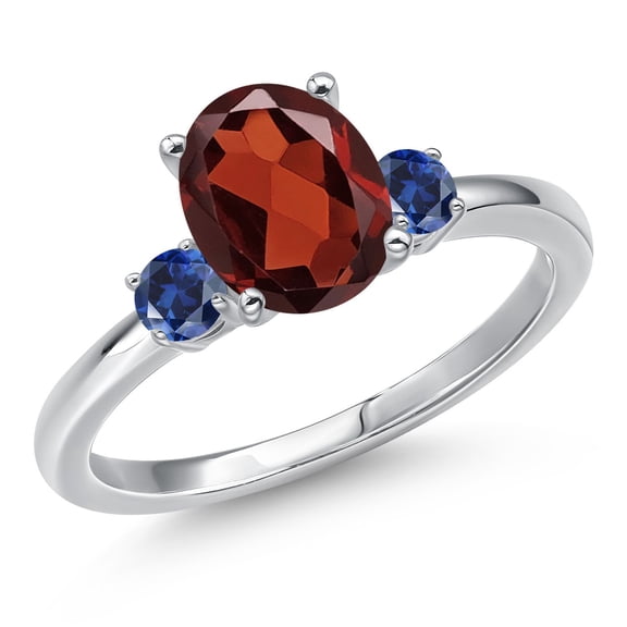 Gem Stone King 14K White Gold Red Garnet and Blue Created Sapphire Engagement Ring for Women | 2.41 Cttw | Oval 9X7MM | Gemstone January Birthstone | Size 5