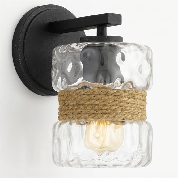 Kira Home Sage 9.5" Farmhouse Hammered Glass Wall Sconce, Natural Rope Accent, Cylinder Glass Shade Wall Light, Textured