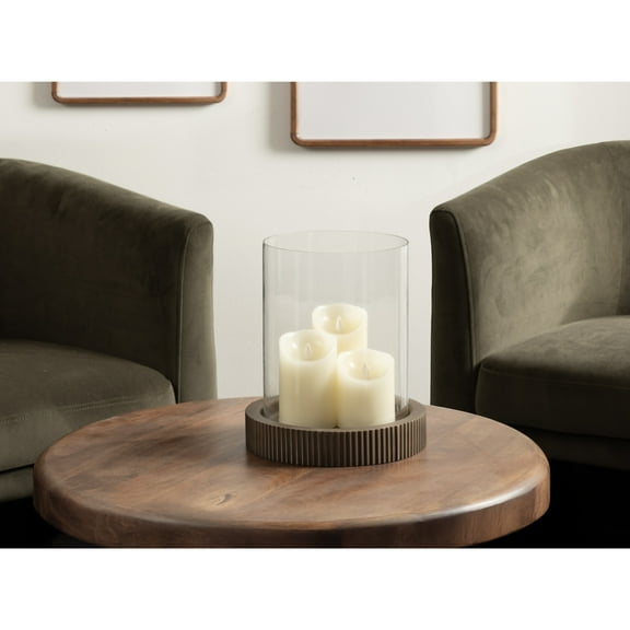 Kate and Laurel Rooks Modern Large Metal Pillar Candle Holder with Hurricane, 10 Inch Diameter, Antique Brass, Transitional Ribbed Oversized Hurricane Candle Holder with Glass Cylinder