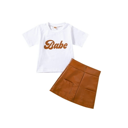 

Frobukio 2Pcs Kids Toddler Girls Clothes Sets Letter Print Short Sleeve Tops + Solid Color Faux Leather Skirt Brown 3-4 Years