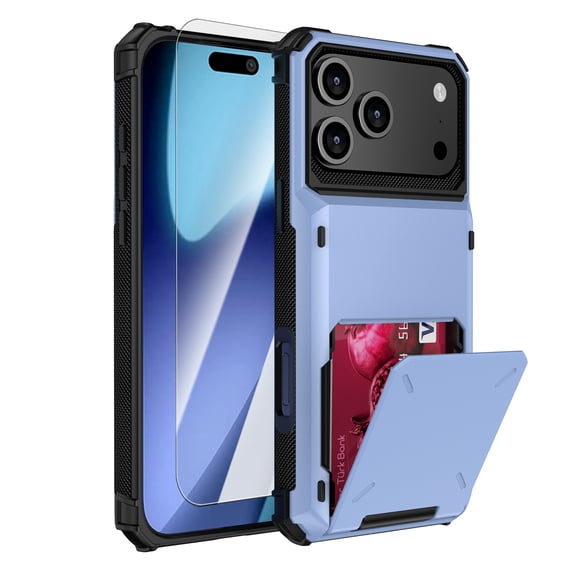 Dteck Hidden Wallet Card Slot Case for iPhone 18 Pro Max with Tempered Glass Screen Protector, Shockproof Dual Layer Heavy Duty Large Storage Hard Cover, Iceblue