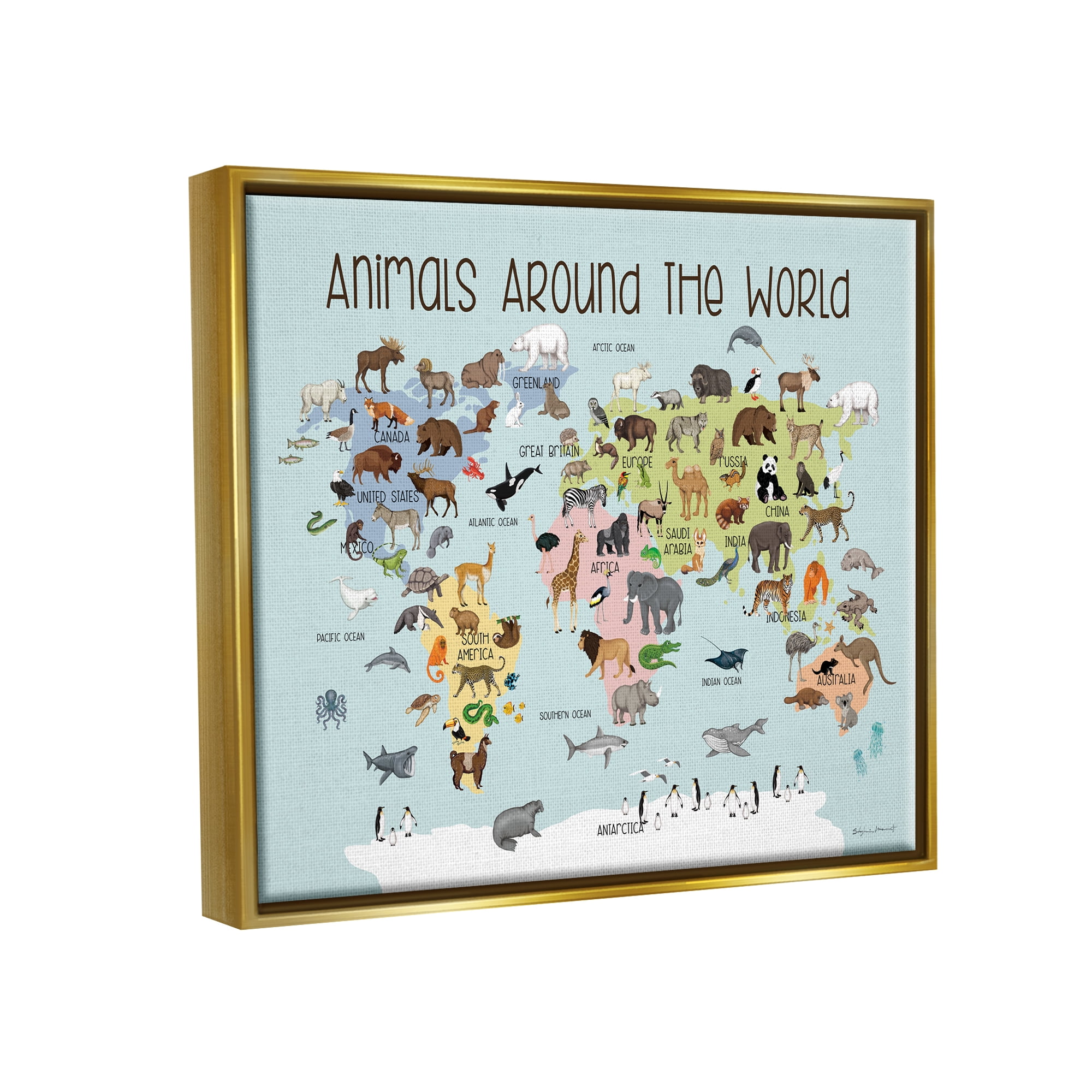 Stupell Animals Around The World Map Animals & Insects Painting Gold Floater Framed Art Print Wall Art