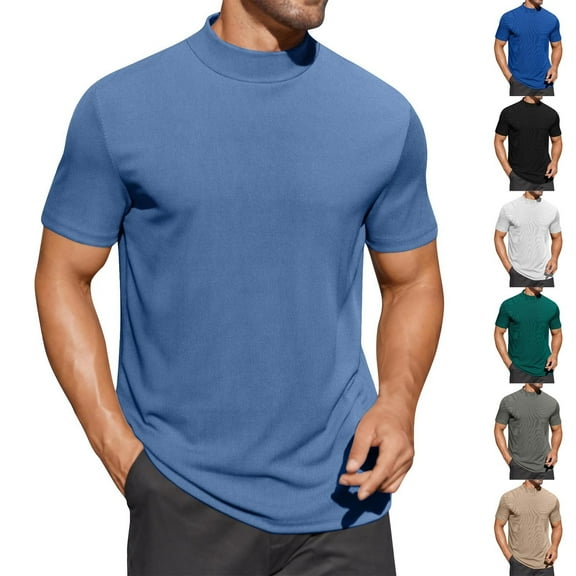FNFYFH Mens T Shirts Stretchy Short Sleeve Mock Neck Tops Fitted Summer Tees Solid Color Tshirts Black,XL