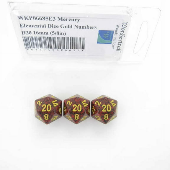 Mercury Elemental Dice with Gold Numbers D20 16mm (5/8in) Pack of 3 Wondertrail