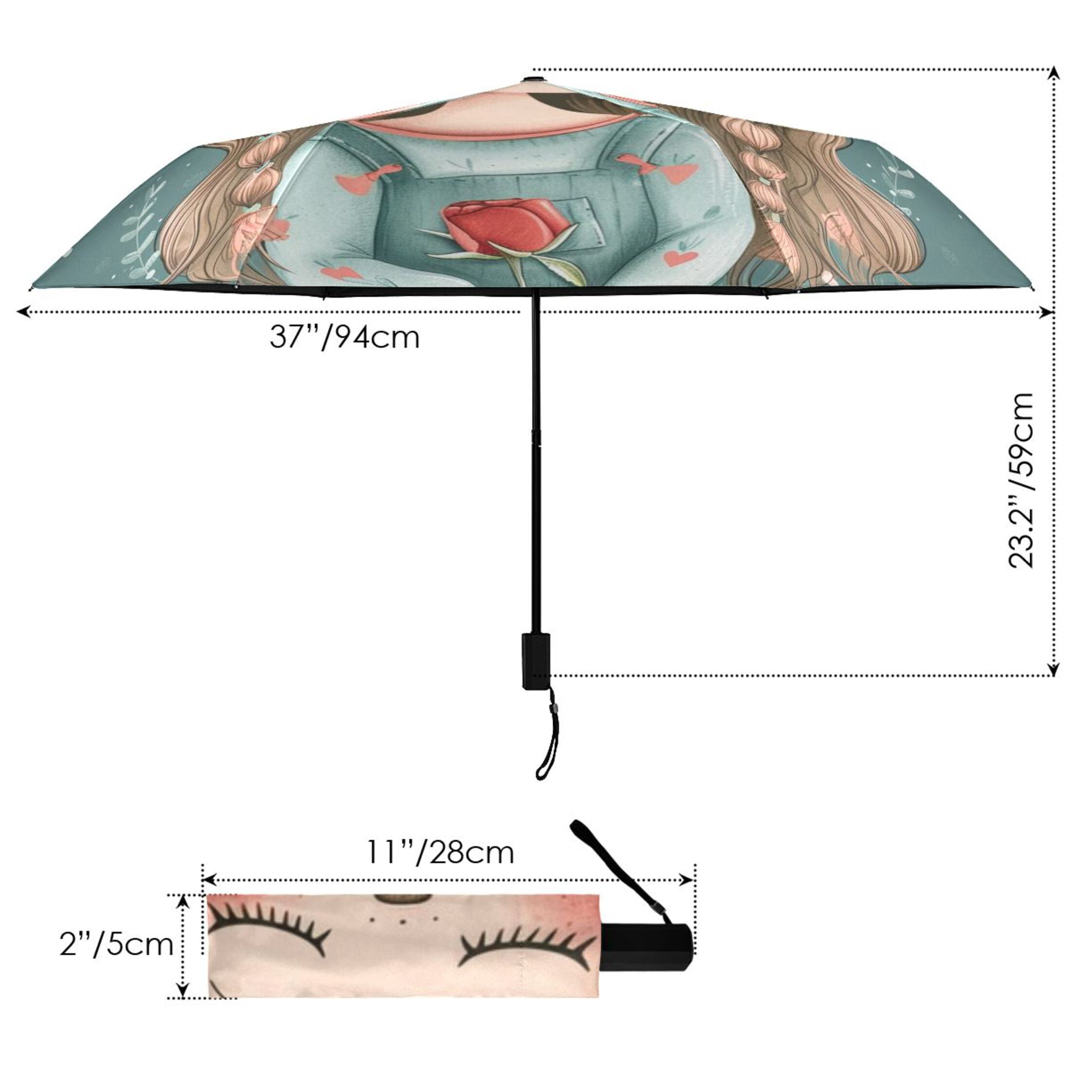 Girl Rose Flowers Compact Sun Umbrella Windproof Travel Umbrellas for Rain Strong Portable UV Protection