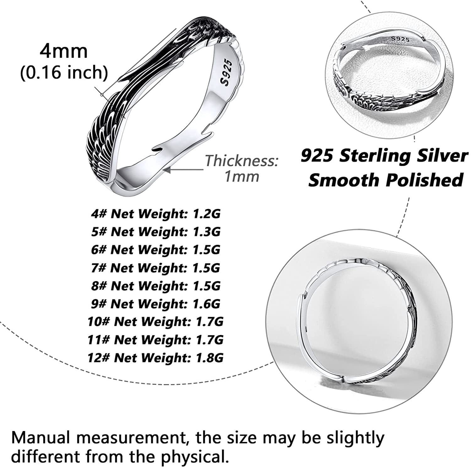 Silvora Feather Angel Wing 925 Sterling Silver Wedding Band Cool Ring Stacking Finger Ring for Women Men Size 9