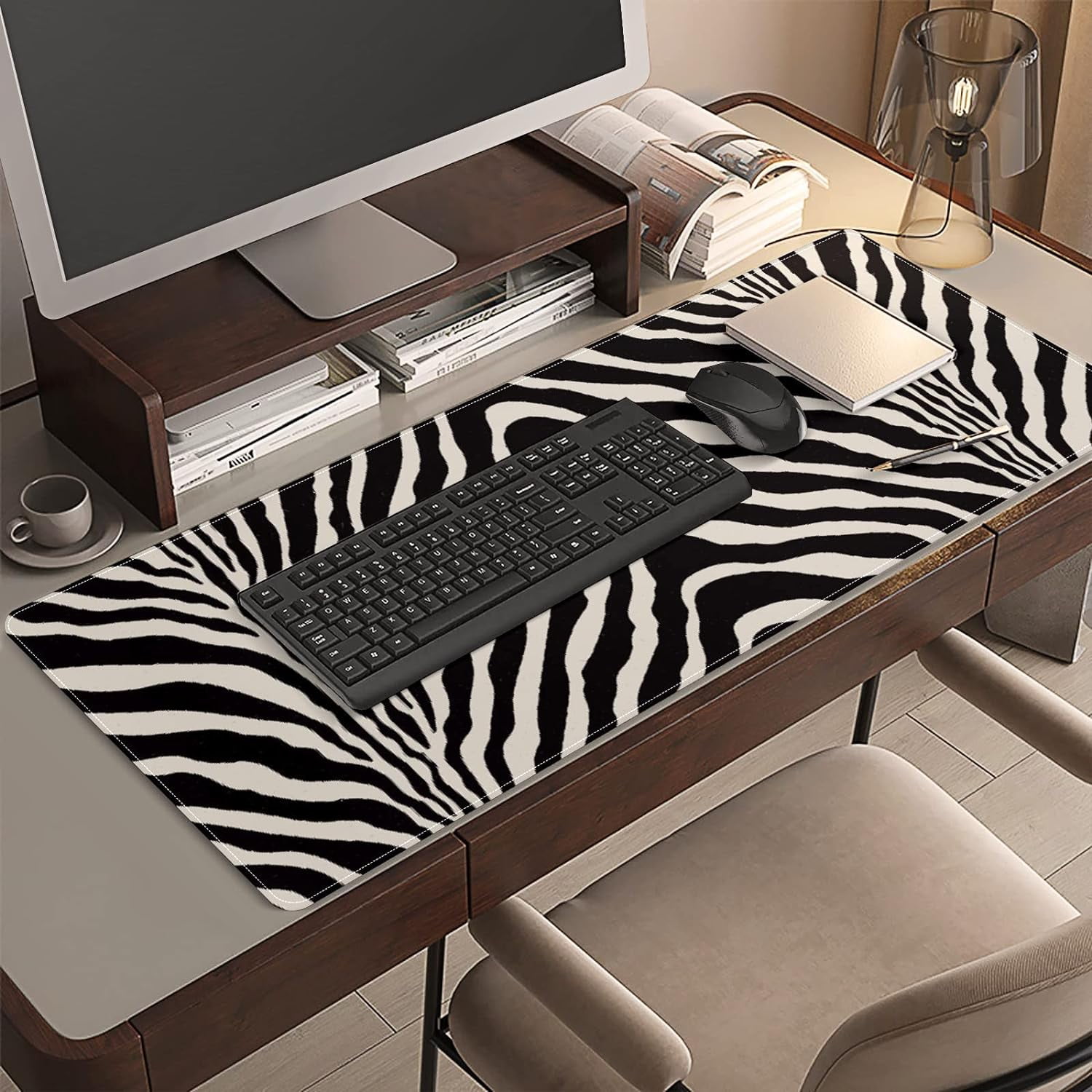 Black Zebra Print Desk Mat, Desk Accessory, Cute Workspace, Trendy Workspace, Trendy, 35.4x15.7in Large Gaming Mouse Pad, Cute Desk Topper, Pretty Desk Pad
