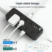 Power Strip Surge Protector, Meromore Flat Plug Extension Cord 10FT with 13 Outlets 4 USB Charger, 1875J Protection Multiple Outlets Charging Station for Home, Office, College Dorm Room