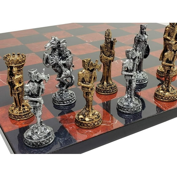 Medieval Times Crusades Pewter METAL Chess Set 16" Black  Red Faux Marble Board
