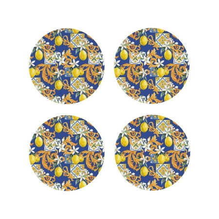 

Fuzoiu Sicilian Style Print Leather Coasters Set Drink Coasters Set of 4 for Tabletop Protection Durable PVC Coasters Home Décor and Housewarming Gift-Round Shape