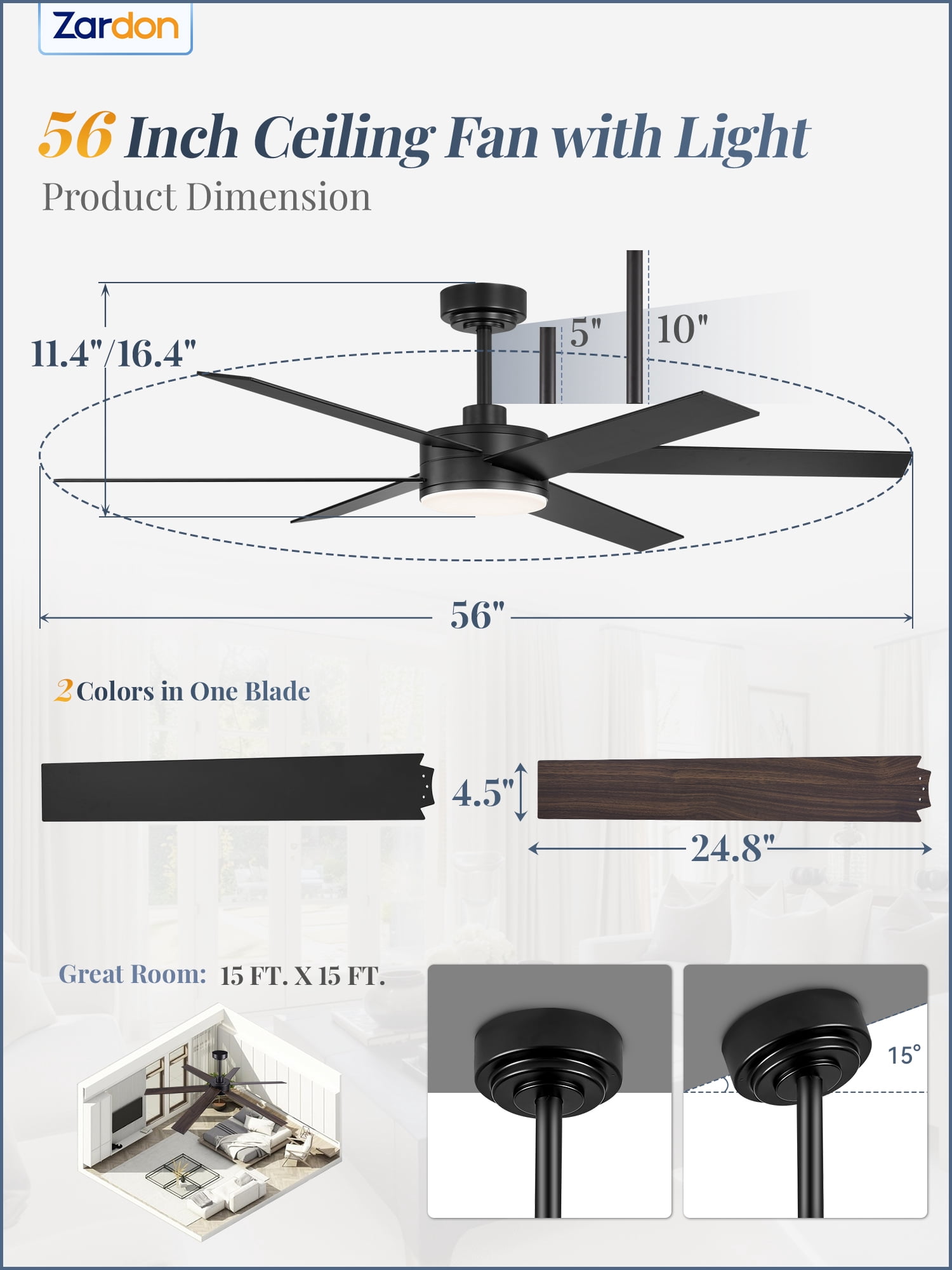 Zardon 56in Ceiling Fans with Light and Remote Control, 6 Speeds Reversible, for Indoor Outdoor, Black