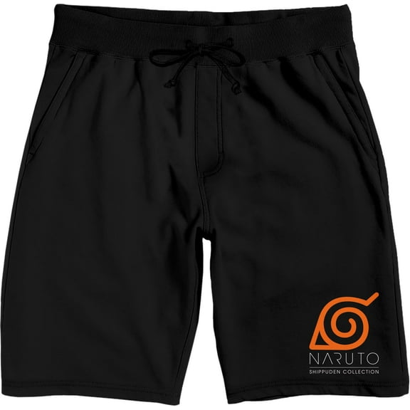Naruto Orange Hidden Leaf Symbol Men's Black Graphic Sleep Shorts-XXL