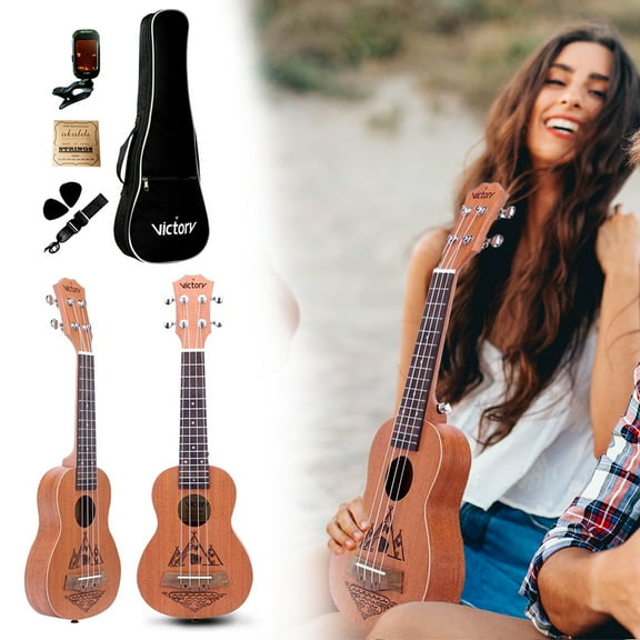 VIVICTORY Soprano Ukulele 21 Inch Mahogany 6 in 1 Beginner Kit (Indian Tattoo Engraving)