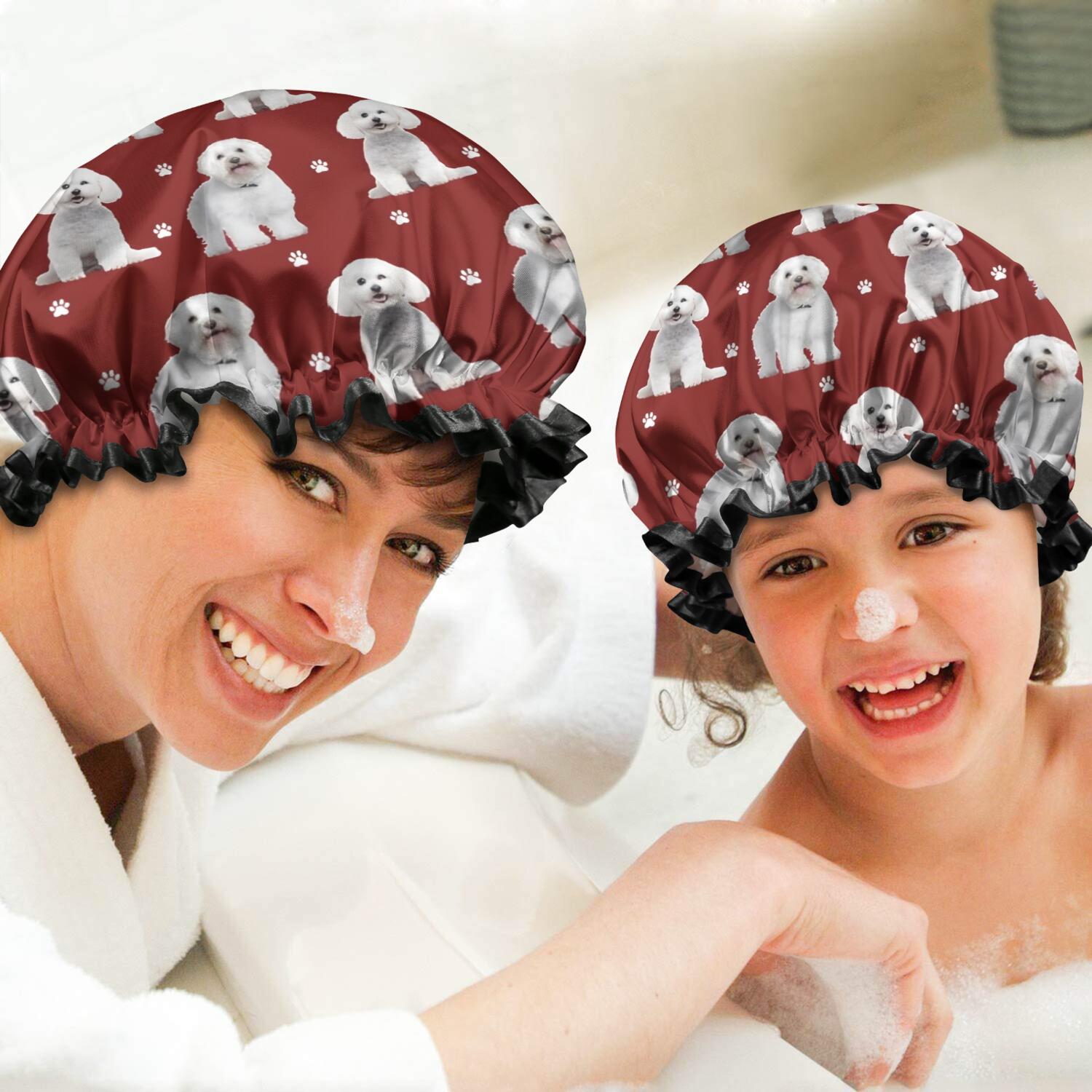 Shower Caps,Pink Bichon Frise Waterproof Shower Cap for Women 4 Pieces,Double Reusable Hair Cover for Shower PEVA Elastic Stretch Hem