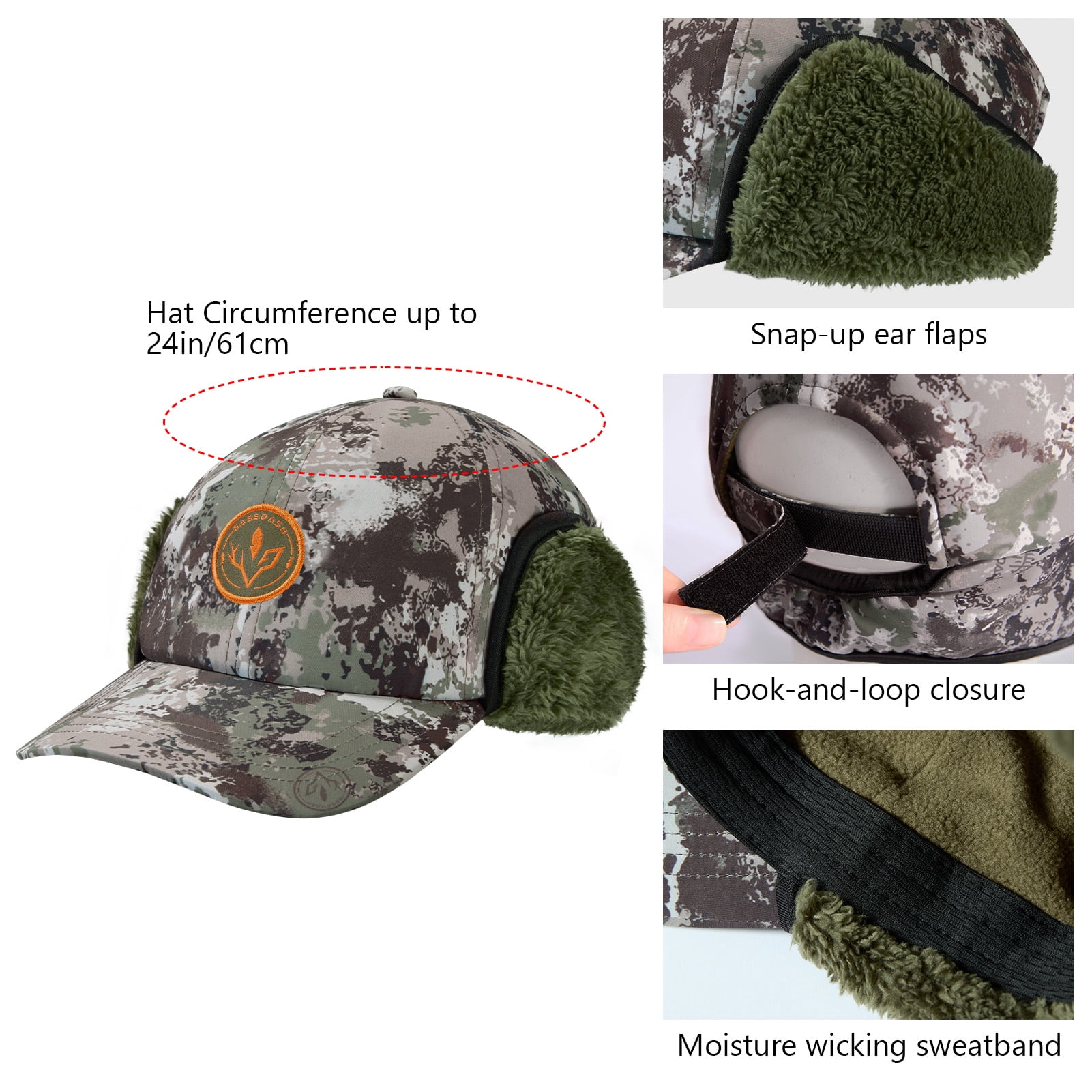 BASSDASH Warm Fleece Lined Hat with Ear Flap Winter Water Resistant Windproof Baseball Sports Cap for Hunting Hiking Fishing