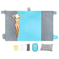 Sandproof Beach Blanket 10x9 ft - Waterproof Picnic Blanket for 7 Adults - Extra Large Outdoor Travel Mat with Sand Pockets & Pillow Blue/Grey 108'' X 120''