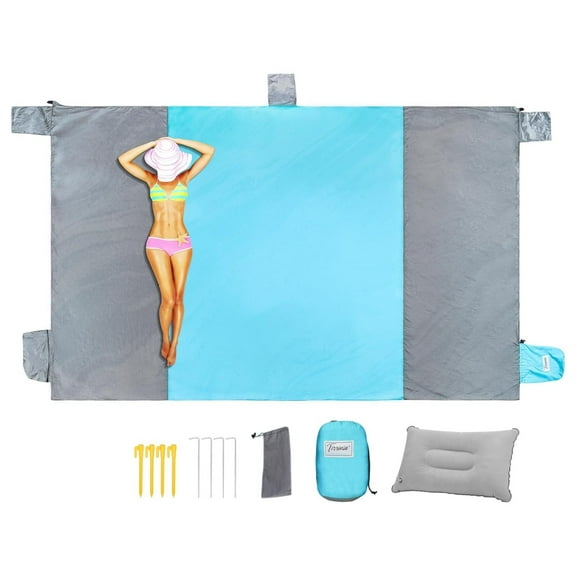 Sandproof Beach Blanket 10x9 ft - Waterproof Picnic Blanket for 7 Adults - Extra Large Outdoor Travel Mat with Sand Pockets & Pillow Blue/Grey 108'' X 120''