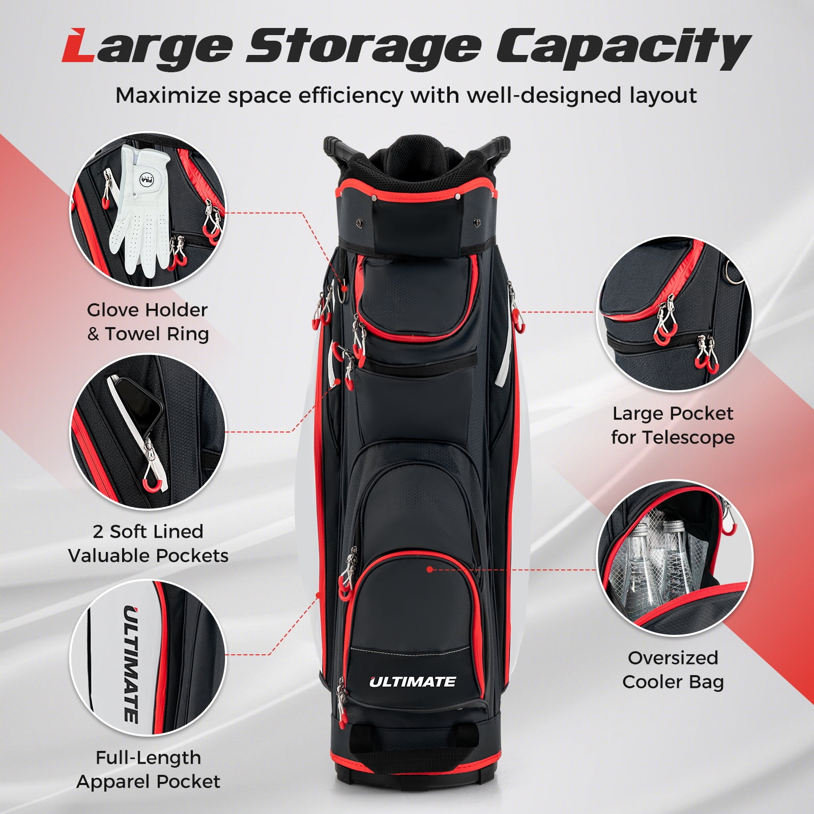 Topbuy Golf Cart Bag Lightweight Portable Golf Club Bag with 14-Way Dividers 8 Zippered Pockets Including Cooler Bag Rain Hood and Shoulder Strap for Men Women Black