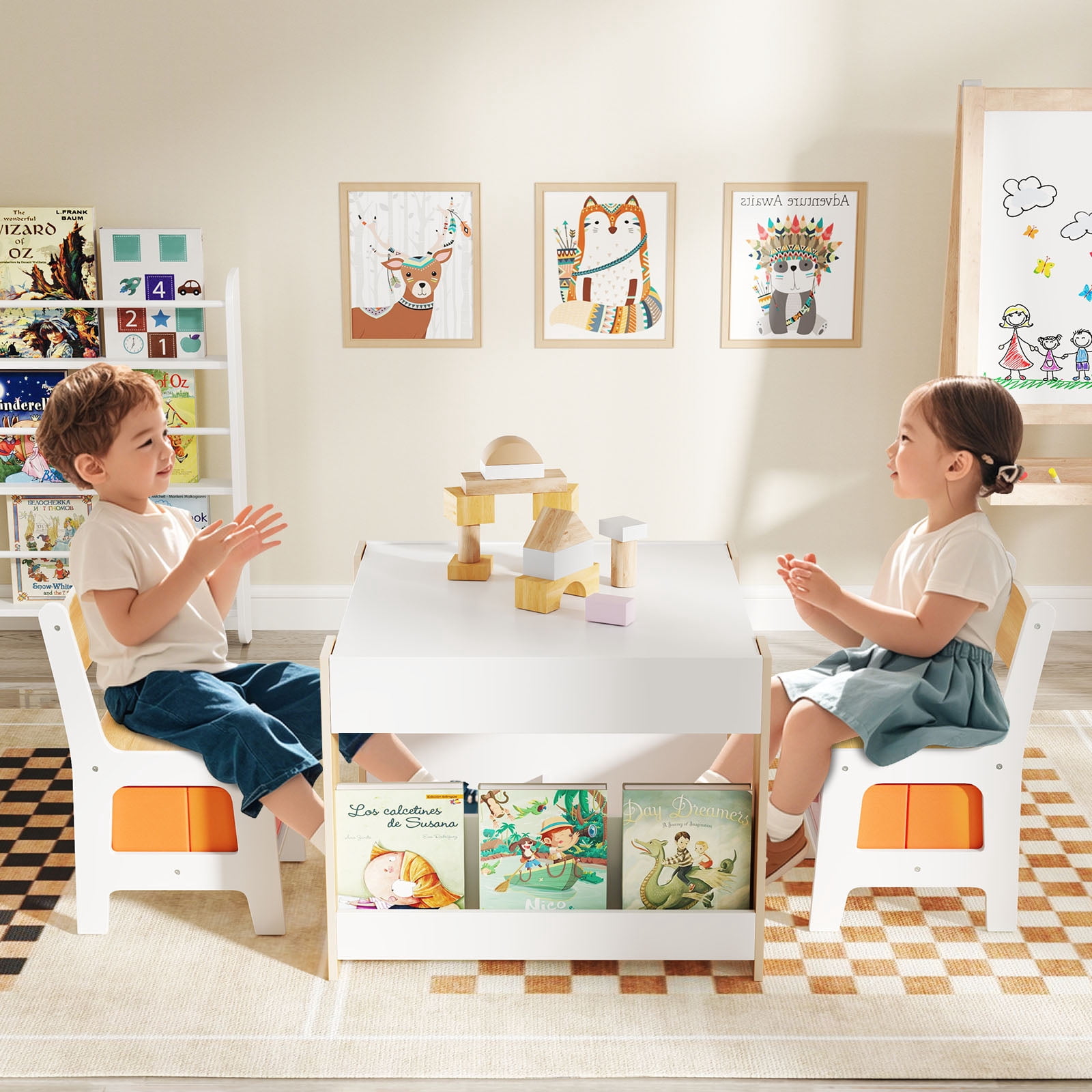 Costway 4-in-1 Kids Table & Chair Set Toddler Wooden Activity Table with Side Bookshelves Beige