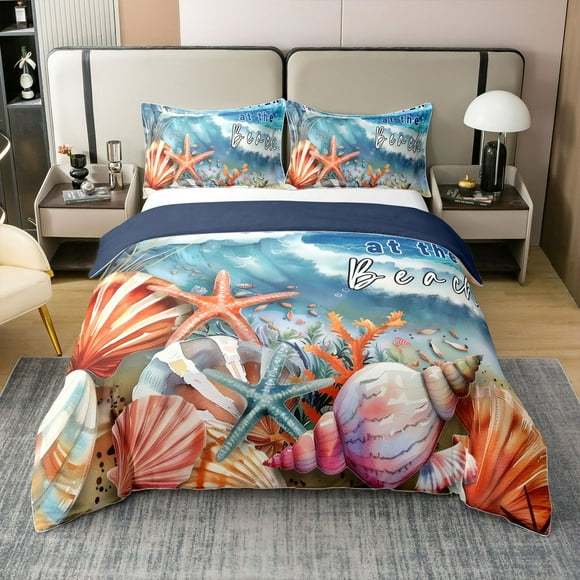 Erosebridal Seashell Starfish 100% Cotton Comforter Cover Full,Marine Animal Bedding Full Size,Sealife Decor,Reversible,Lightweight,3pcs(No Comforter)