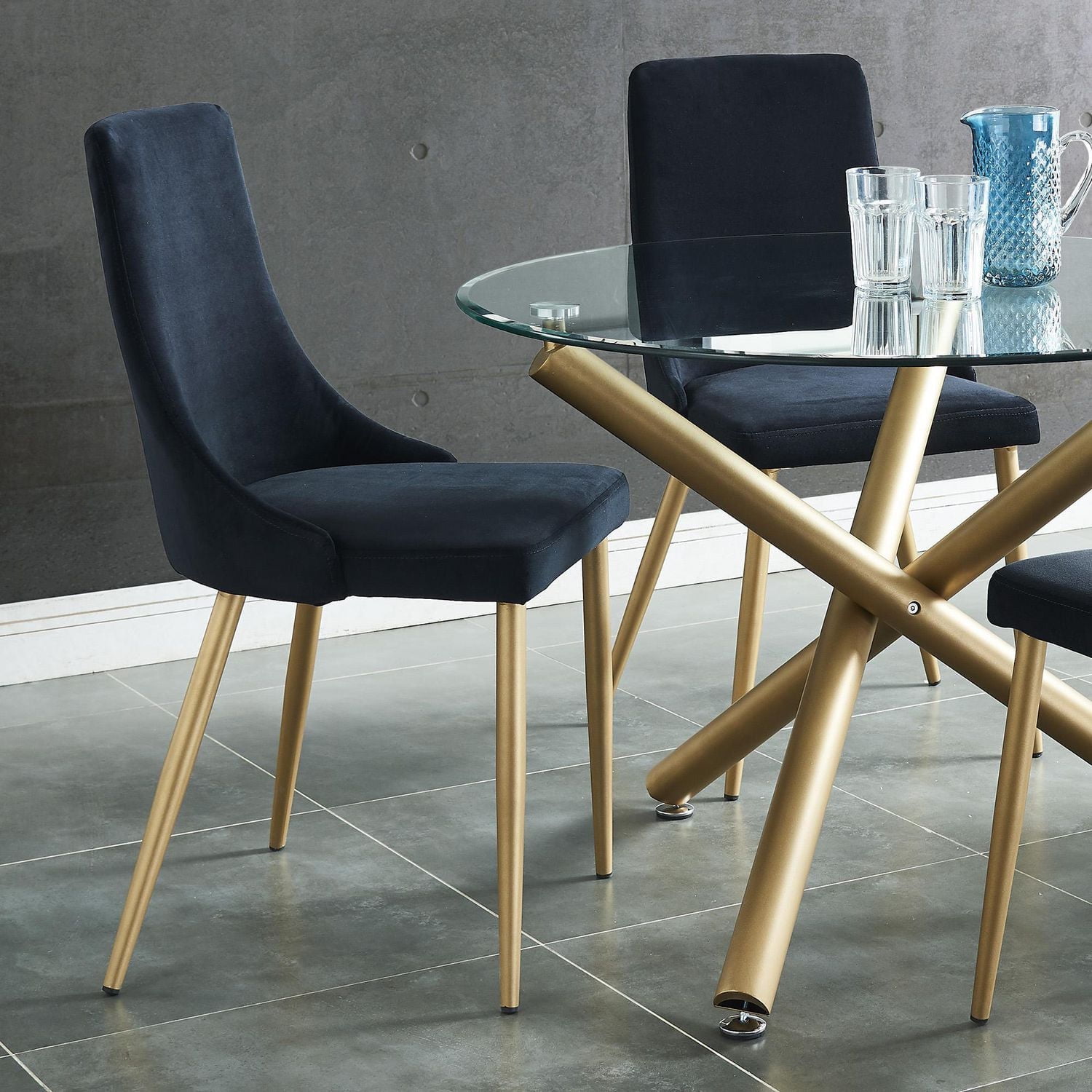 Set of 2 Mid-Century Velvet & Metal Side Chair in Black