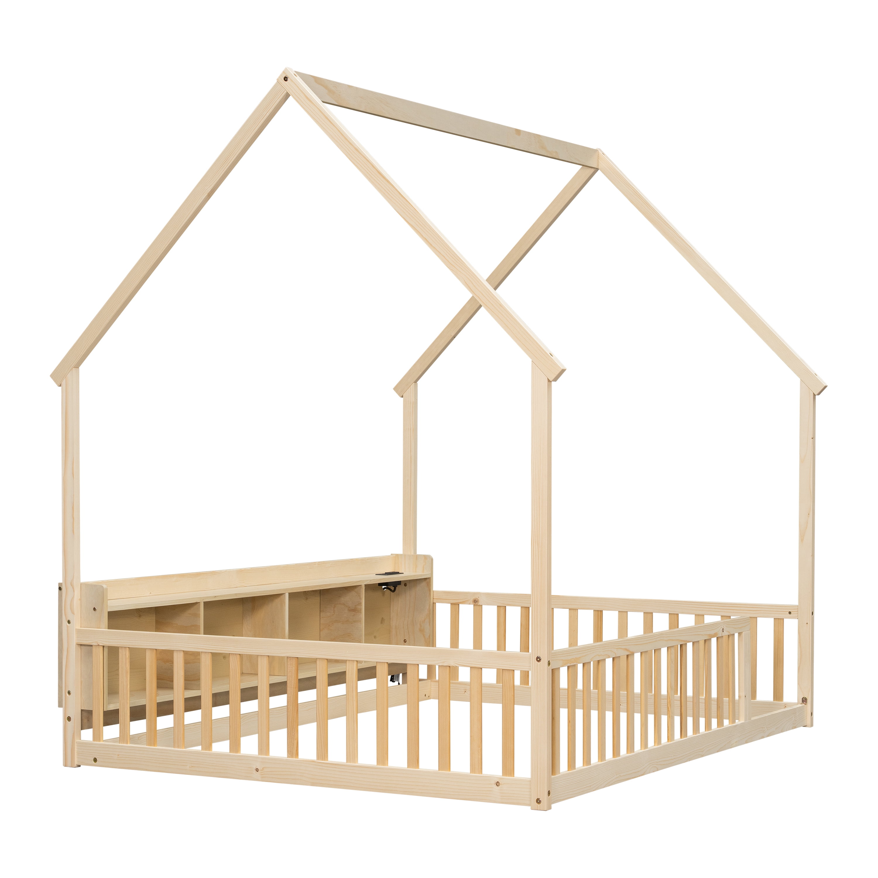 Floor Bed with House Design and Storage Shelves, Full Pine Wood Platform Bed and Charging Station Bed Frame with LED Lights and Guardrails, Natural