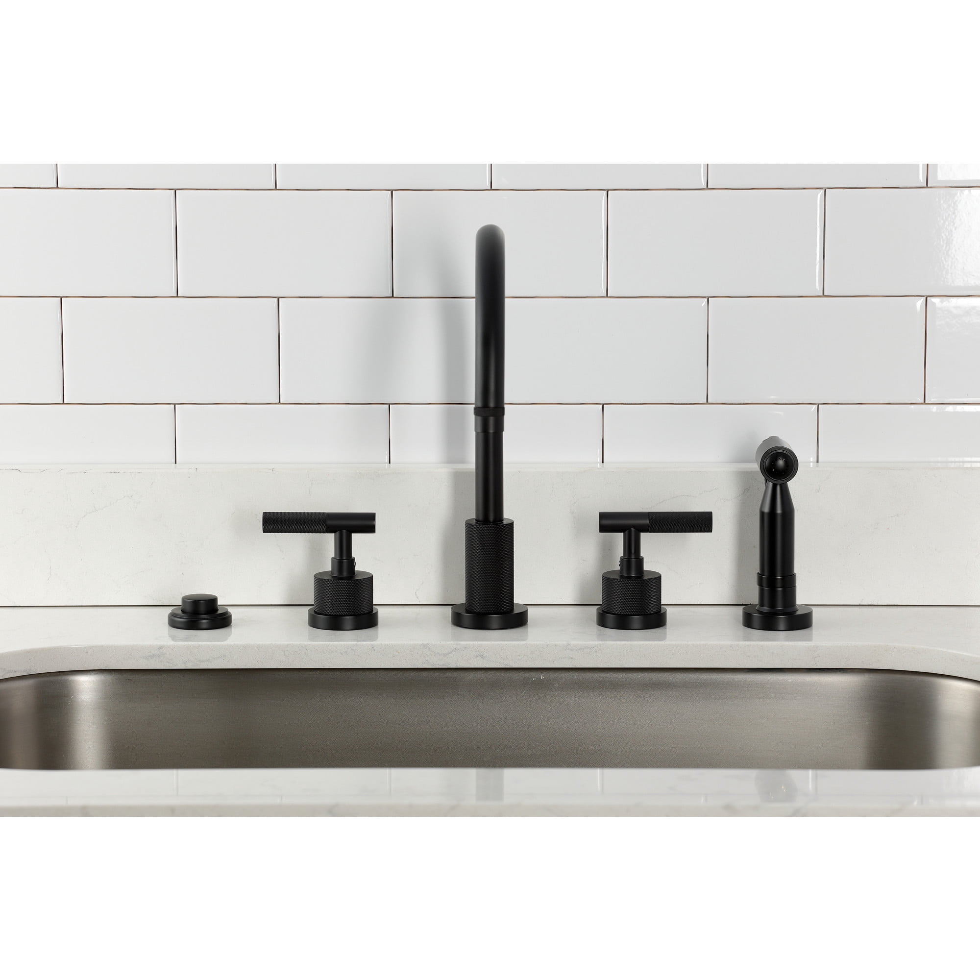 Kingston Brass KS8720KNLBS Convergent Double-Handle 4-Hole Widespread Kitchen Faucet with Knurled Handle 4-Hole and Brass Sprayer in Matte Black