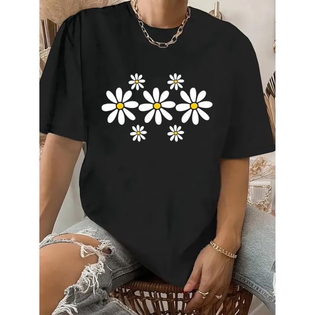 Camiseta De Verano Para Mujer, Cuello Redondo, Para Mochilero, Vacaciones En La CalleRetro-Inspired Daisy Print Women's T-Shirt - Casual Round Neck, Short Sleeve, Polyester, Machine Washable, Black