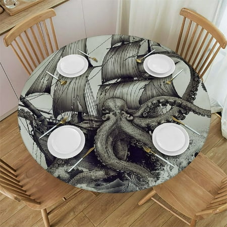 

Orinice Octopus Wave Round Table Cover Stain Resistant Washable Indoor Outdoor Tablecloth Kitchen Dining Wedding Parties Picnic Farmhouse 100% Polyester Fiber 42-46