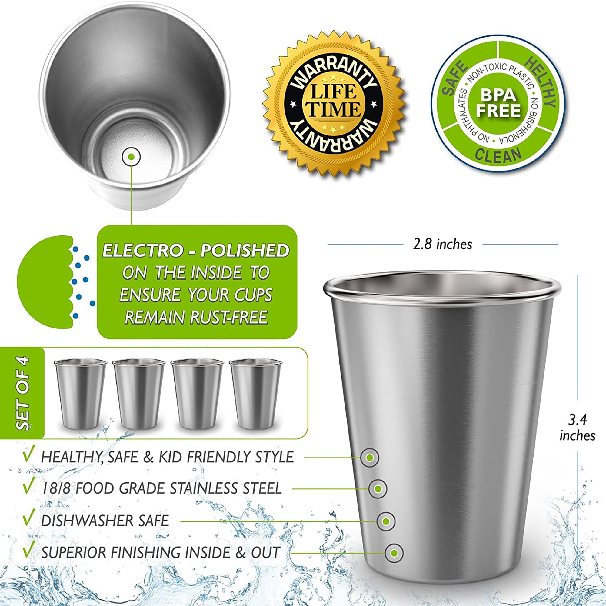 6 Pack 8 oz Stainless Steel Kids Cups, Children's Pint Cups, Stackable  Durable Metal Cups, Shatterproof Drinking Glasses